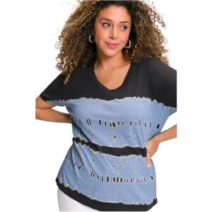 NWT Ulla Popken Blue Tie-Dye Oversized V-neck Cotton T-shirt - Size 24/26